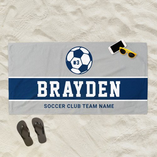 Personalized Navy Blue and Gray Soccer Player Name Beach Towel