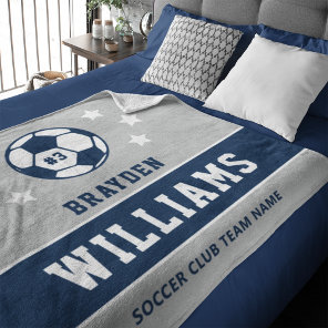 Personalized Navy Blue and Gray Soccer Player Name Fleece Blanket
