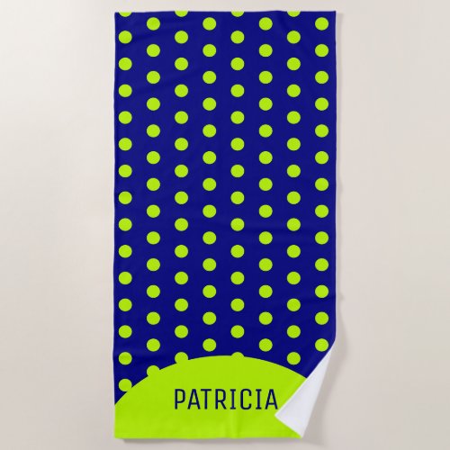 Personalized Navy Blue And Lime Green Polka Dot Beach Towel