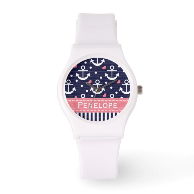 Personalized Navy Blue and Pink Anchor Watch (Front)