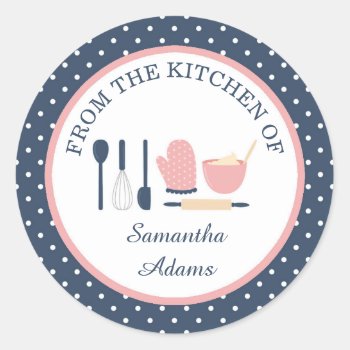 Personalized Navy Blue And Pink Baking Kitchen Classic Round Sticker by melanileestyle at Zazzle