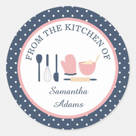 Personalized Navy Blue And Pink Baking Kitchen Classic Round Sticker