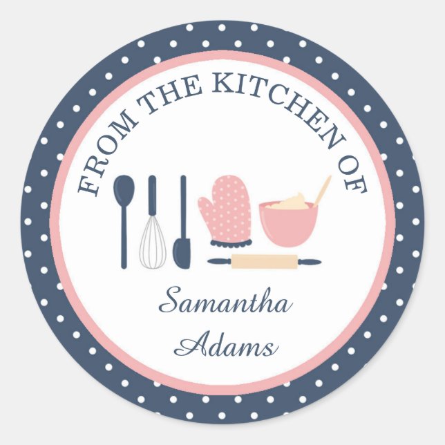 Personalized Navy Blue and Pink Baking Kitchen Classic Round Sticker (Front)