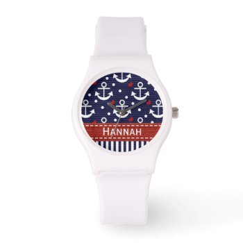 Personalized Navy Blue And Red Anchor Watch by cutecustomgifts at Zazzle