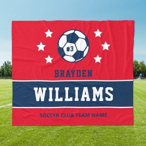 Personalized Navy Blue and Red Soccer Player Name Fleece Blanket