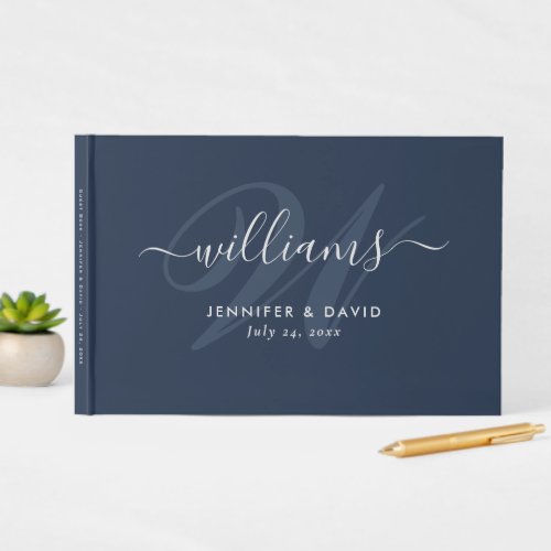 Personalized Navy Blue and Silver Monogram Wedding Guest Book