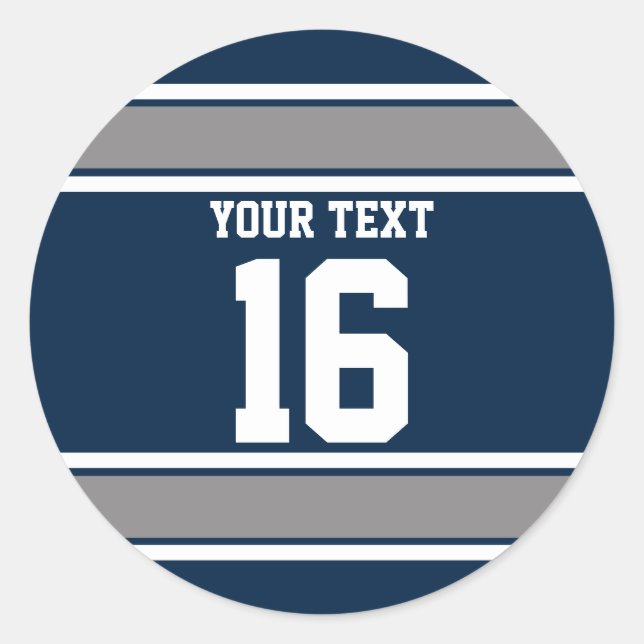Personalized Navy Blue and Silver Sport Stripes Classic Round Sticker (Front)