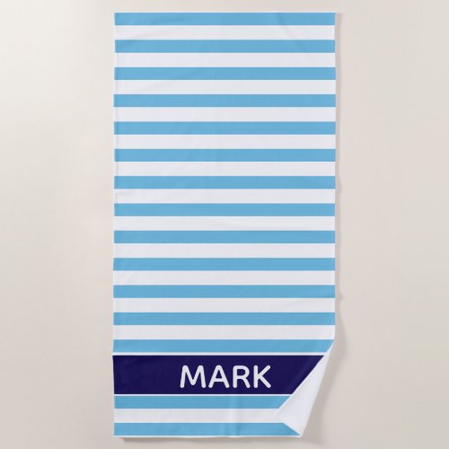 Personalized  Navy Blue And White Cabana Stripe Beach Towel