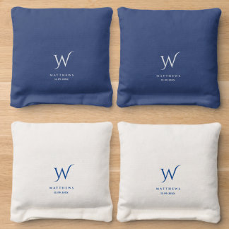 Personalized Navy Blue And White Family  Cornhole Bags