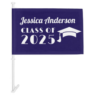 Personalized Navy Blue and White Graduation Car Flag