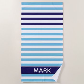 Personalized  Navy Blue And White Multi Stripe Beach Towel by InTrendPatterns at Zazzle