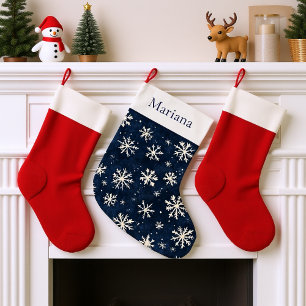 Personalized Navy Blue and white Snowflake Large Christmas Stocking