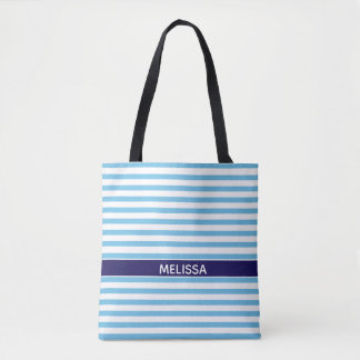 Personalized Navy Blue And White Striped Tote Bag