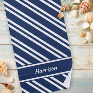 Personalized Navy Blue and White Stripes Beach Towel