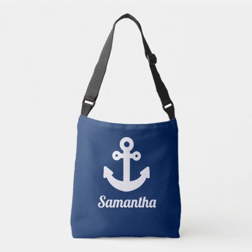 Personalized Navy Blue and White Whimsical Anchor Crossbody Bag
