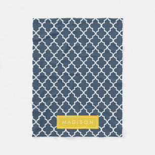 Personalized Navy Blue and Yellow Quatrefoil Fleece Blanket