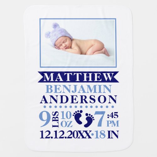Personalized Navy Blue Baby Boy Birth Stats PHOTO Baby Blanket