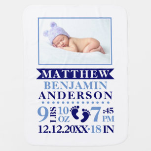 Personalized Navy Blue Baby Boy Birth Stats PHOTO Blanket