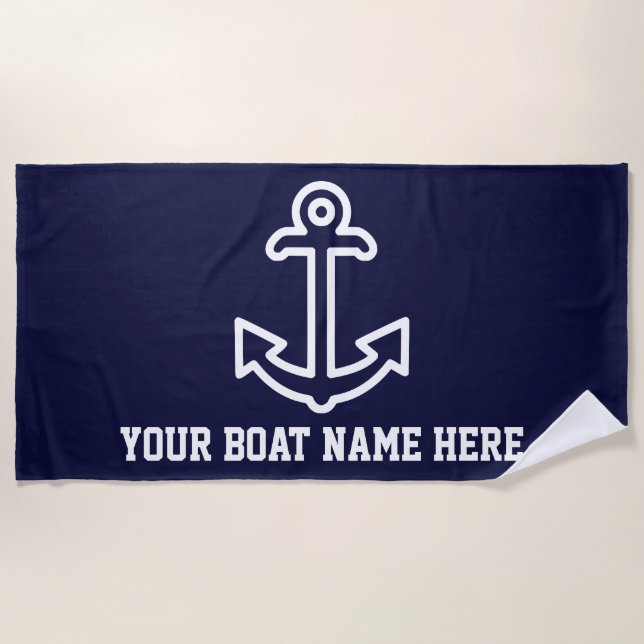 Personalized Navy Blue Boat Anchor Beach Towel (Front)
