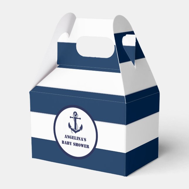 Personalized Navy Blue Boy Nautical Baby Shower Favor Boxes (Front Side)