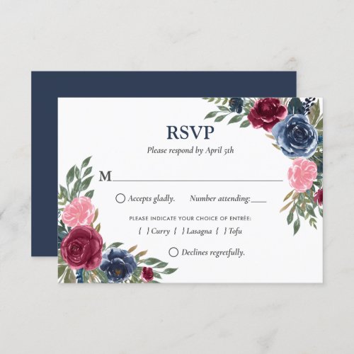 Personalized Navy Blue Burgundy Floral RSVP Cards