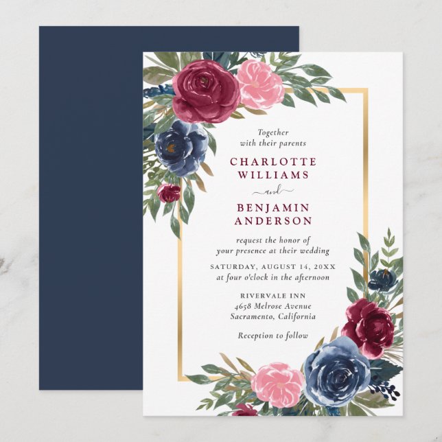 Personalized Navy Blue Burgundy Gold Floral Invitation (Front/Back)