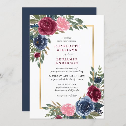 Personalized Navy Blue Burgundy Gold Floral Invitation