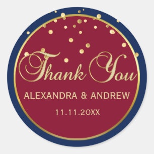 Personalized NAVY BLUE & BURGUNDY Gold Wedding Classic Round Sticker