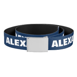Personalized navy blue canvas belt with bold text