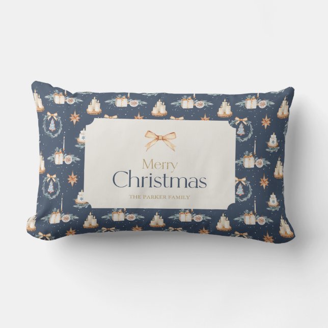 Personalized Navy Blue Christmas Throw Pillow (Front)