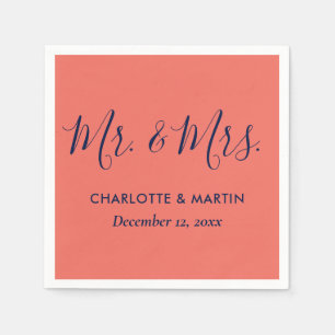 Personalized Navy Blue Coral Mr. and Mrs. Wedding Napkins