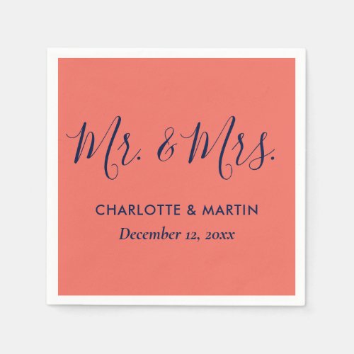 Personalized Navy Blue Coral Mr and Mrs Wedding Napkins