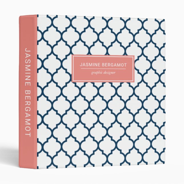 Personalized Navy Blue Coral Quatrefoil Pattern 3 Ring Binder (Front/Spine)