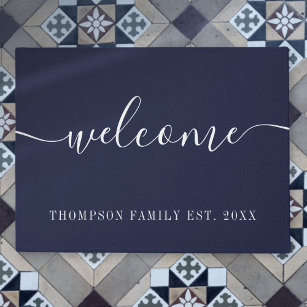 Personalized Navy Blue Family Name Welcome Doormat