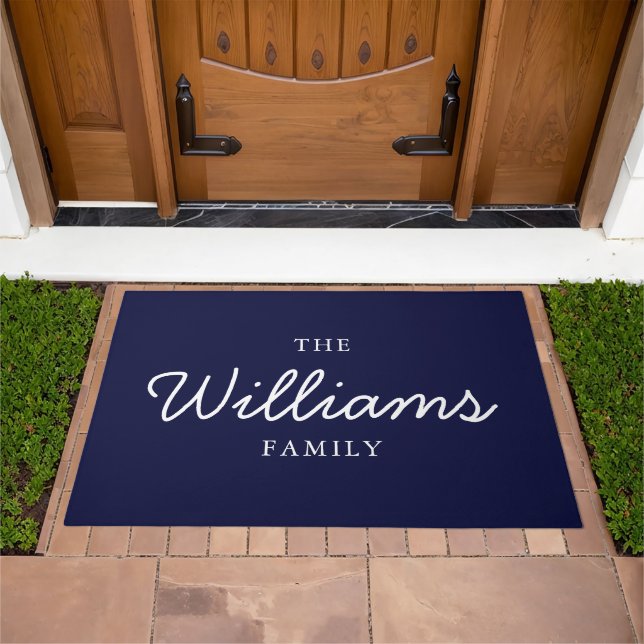 Personalized Navy Blue Family Name Welcome Doormat (Outdoor)