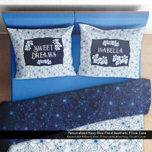 Personalized Navy Blue Floral Aesthetic Pillow Case