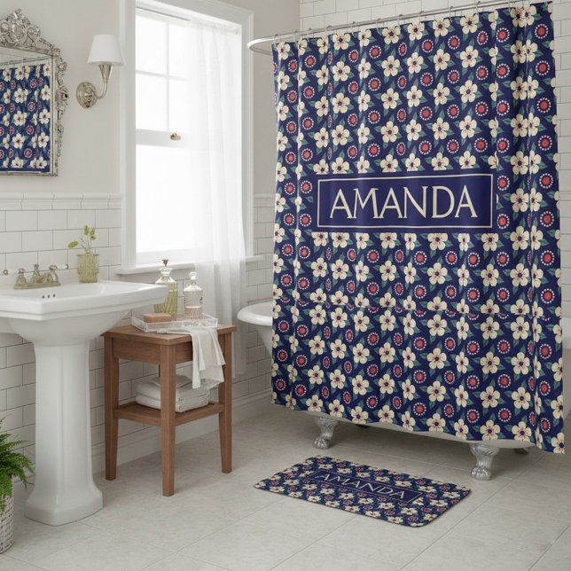 Personalized Navy Blue Floral Bath Mat  (Creator Uploaded)