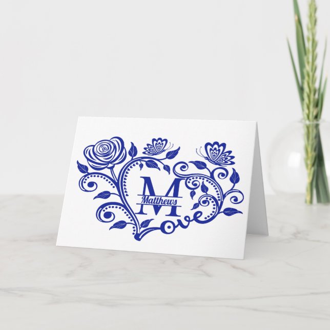 Personalized Navy Blue Floral Monogram M Card (Front)