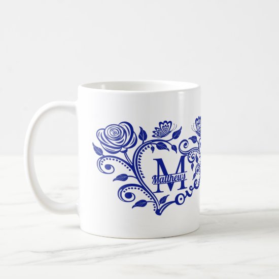 Personalized Navy Blue Floral Monogram M Coffee Mug