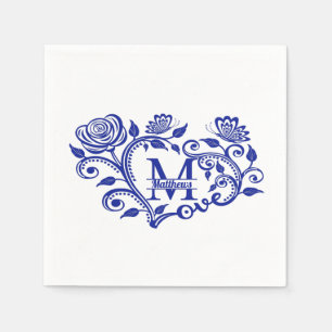 Personalized Navy Blue Floral Monogram M Napkins