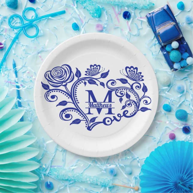 Personalized Navy Blue Floral Monogram M Paper Plates (Party)