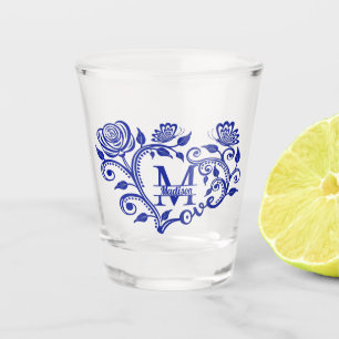 Personalized Navy Blue Floral Monogram M Shot Glass