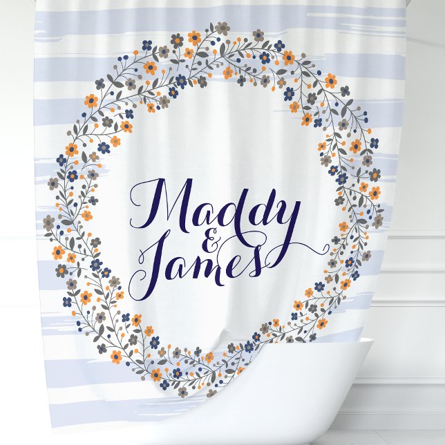 Personalized Navy Blue Floral Wreath Shower Curtain (Creator Uploaded)