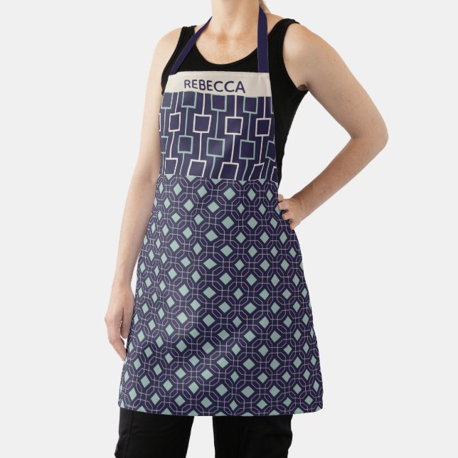 Personalized Navy Blue Geometric Pattern Modern Apron (Insitu)