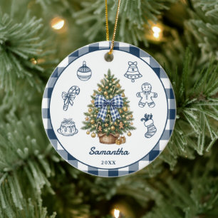 Personalized Navy Blue Gingham Bow Christmas Ceramic Ornament