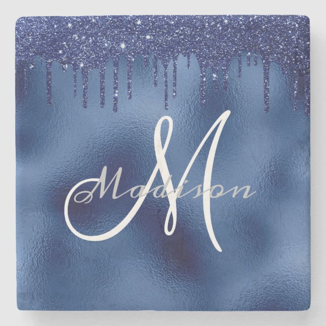 Personalized Navy Blue Glitter Monogram Custom Stone Coaster (Front)