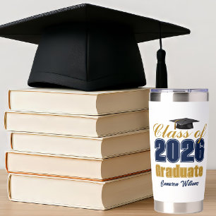 Personalized Navy Blue Gold 2026 Graduation Insulated Tumbler