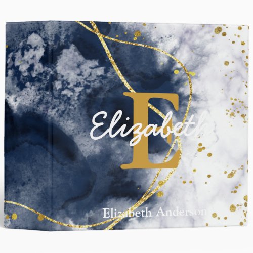 Personalized Navy Blue Gold Agate Geode Monogram  3 Ring Binder