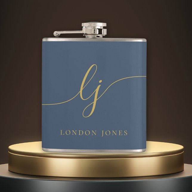 Personalized Navy Blue Gold Bachelorette Flask (Creator Uploaded)