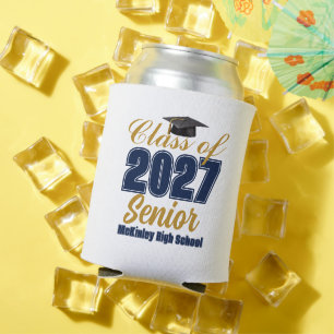 Personalized Navy Blue Gold Class of 2027 Senior Can Cooler